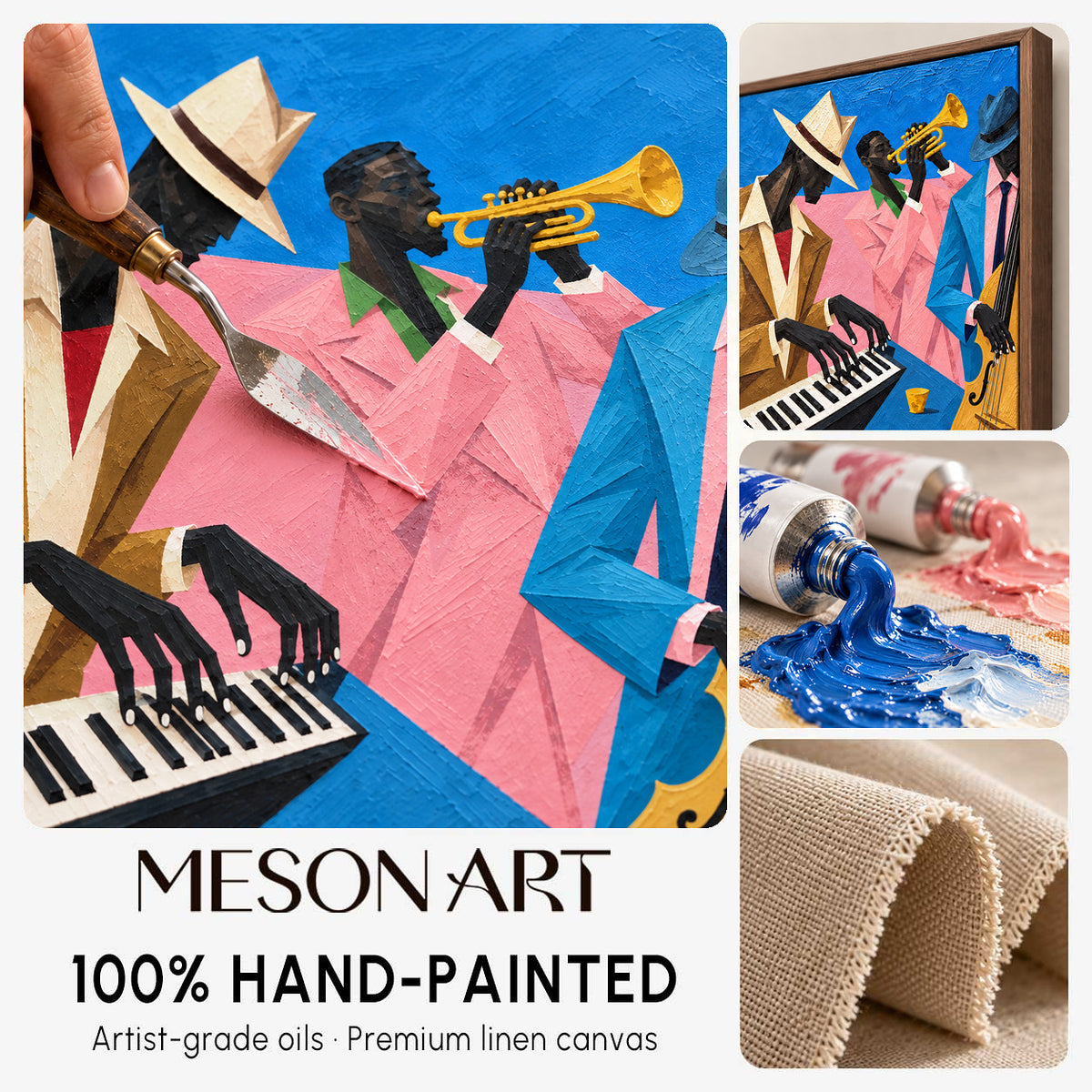 Blue And Pink Pop Art Jazz Painting Original Artist Hand Painted Musical Geometric Rectangular Wall Decor By Mesonart