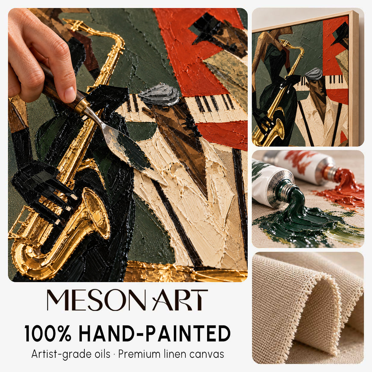 Gold And Black Pop Art Jazz Painting With Saxophone Geometric Modern Textured Rectangular Wall Art By Mesonart