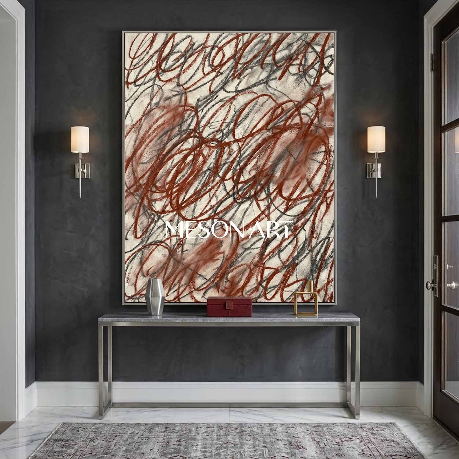 Handmade Red Abstract Wall Art for Modern Gallery Entryway Painting