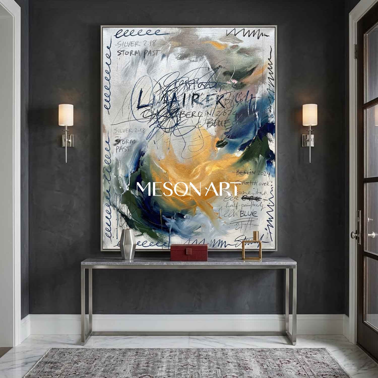 Large Abstract Oil Painting with Expressive Blue Gold Texture Office