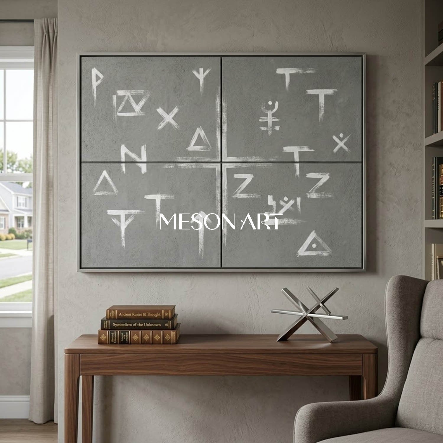 Large Industrial Style Original Gray Canvas oncrete Rune Art Painting