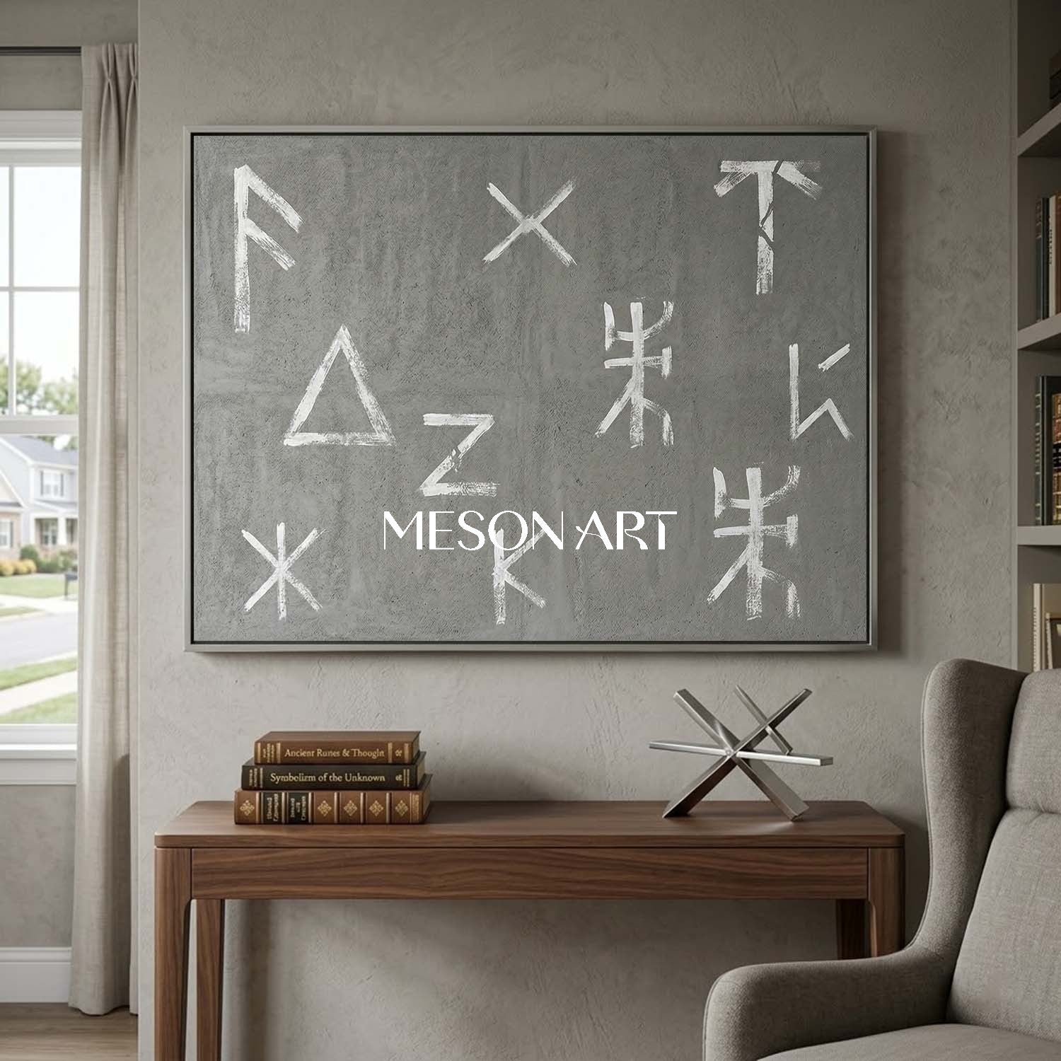 Modern Hand Painted Minimalist Gray and White Office Wall Art Decor