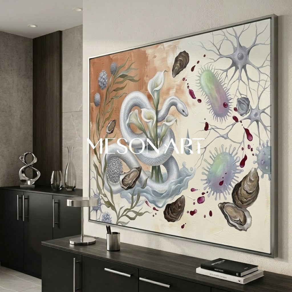 Original Bio Surrealist White Snake Oil Painting Luxury Villa Decor