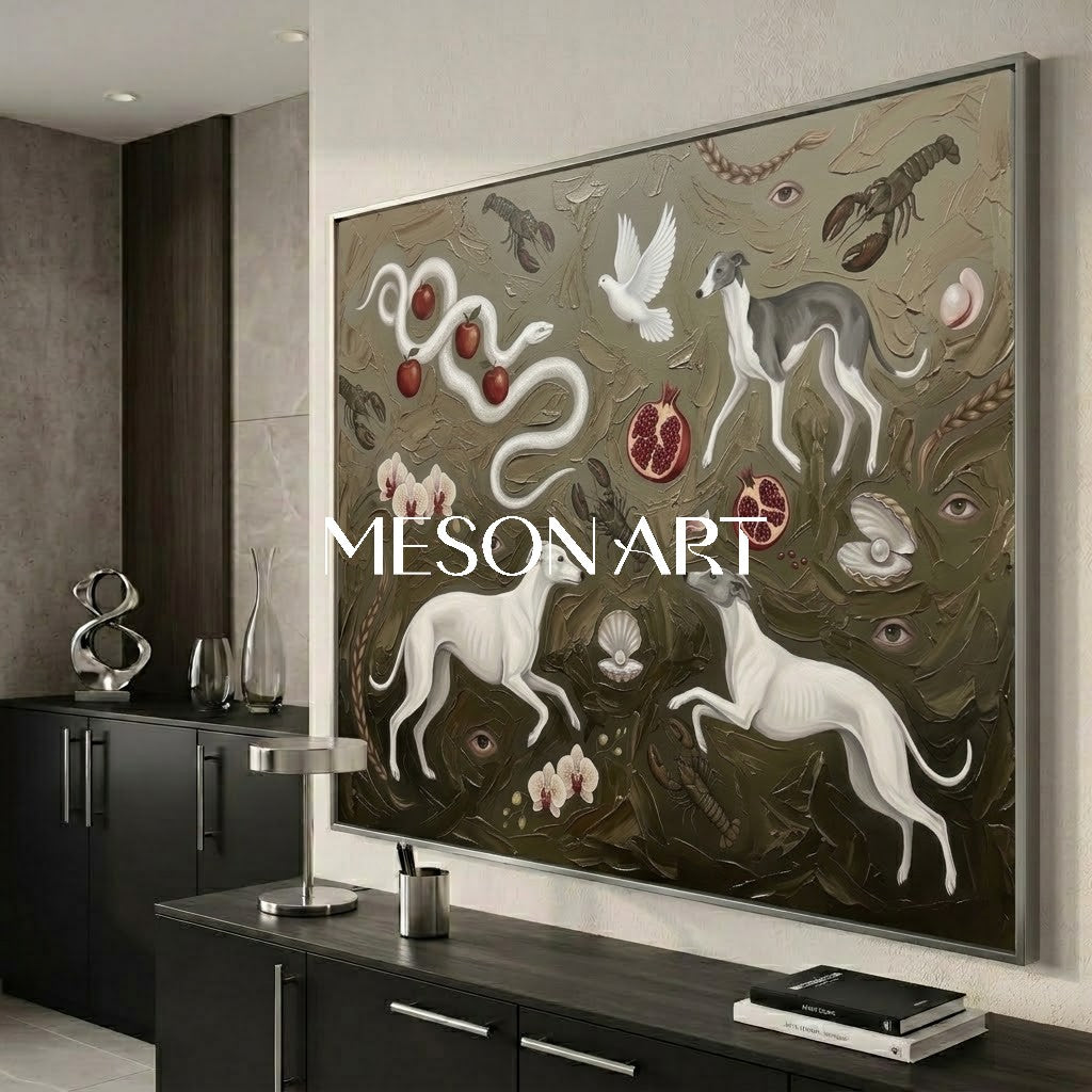 Original Surrealist Greyhound Painting Texture Wall Canvas Living Room