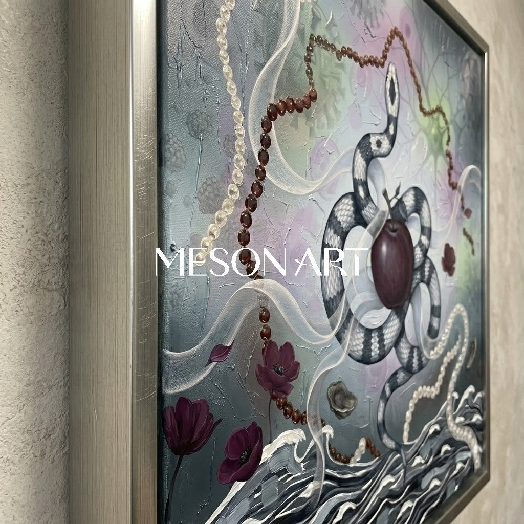 Original Surrealist Snake Oil Painting Apple Framed Wall Art Bathroom