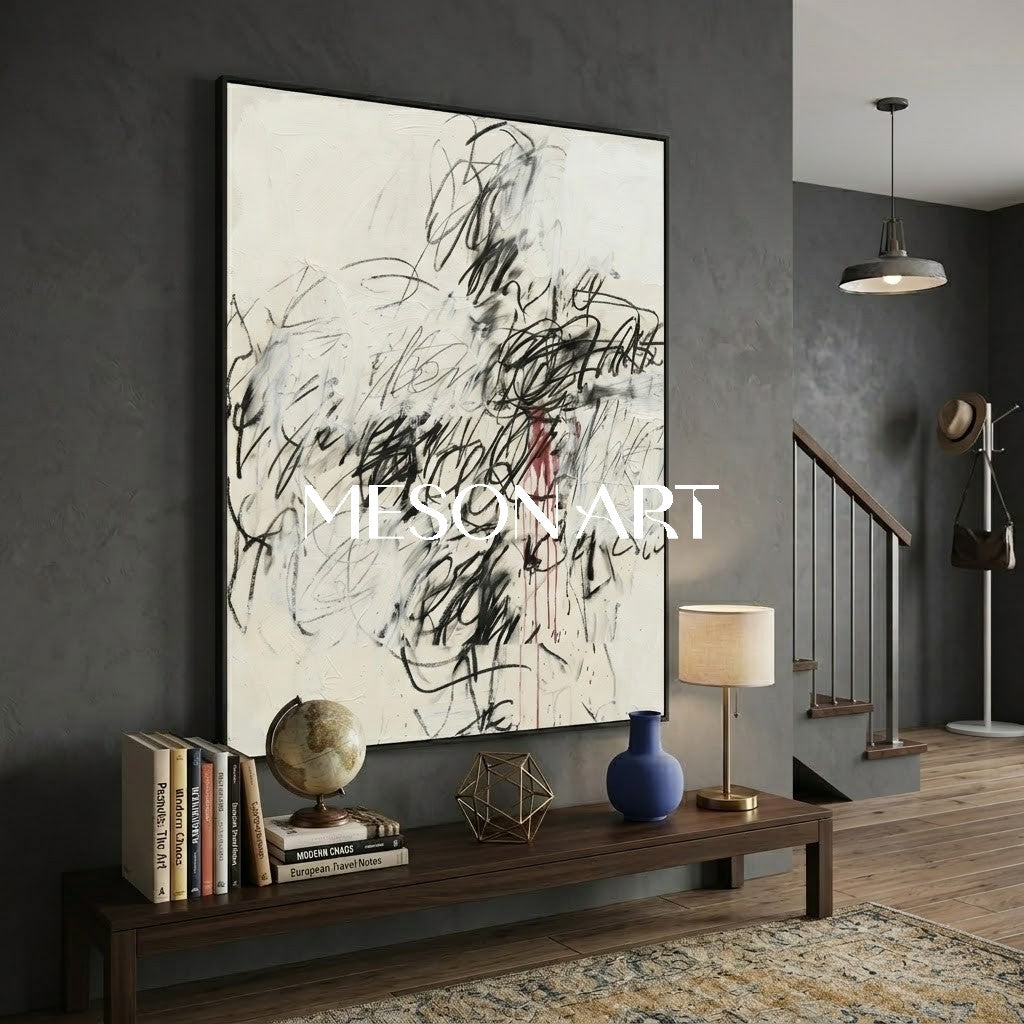 Original Black and White Abstract Painting Large Texture Art Office