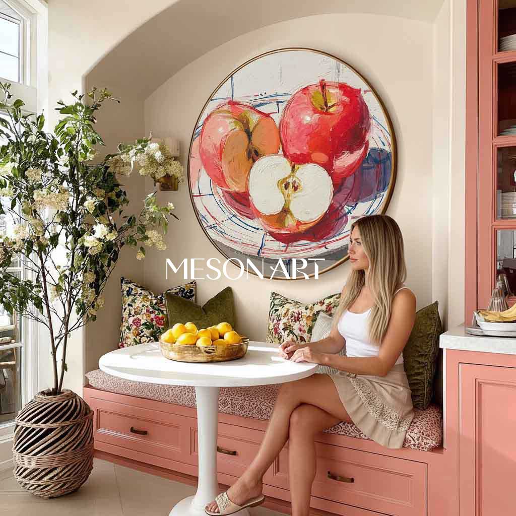 Vibrant Red Apple Still Life – Modern Kitchen Round Oil Painting Wall Art