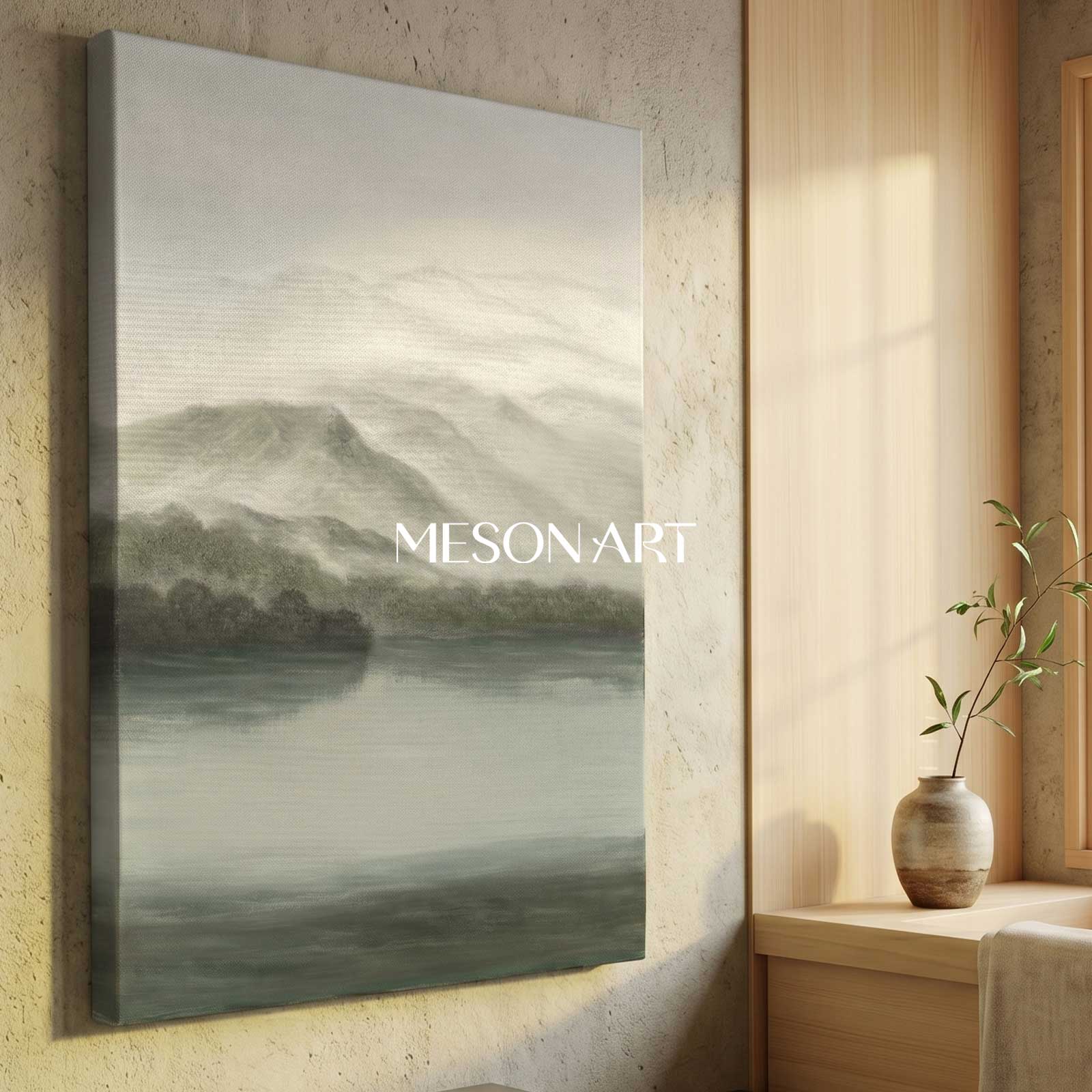Gray and Green Landscape Oil Painting Gray and Green Landscape Wall Art Wabi-Sabi Interior Design
