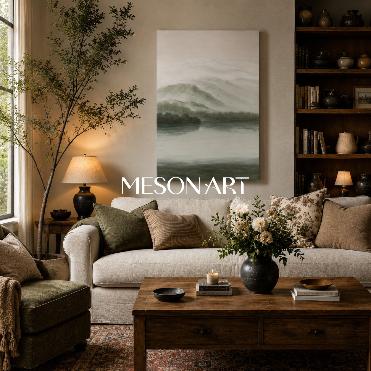 Gray and Green Landscape Oil Painting Gray and Green Landscape Wall Art Wabi-Sabi Interior Design