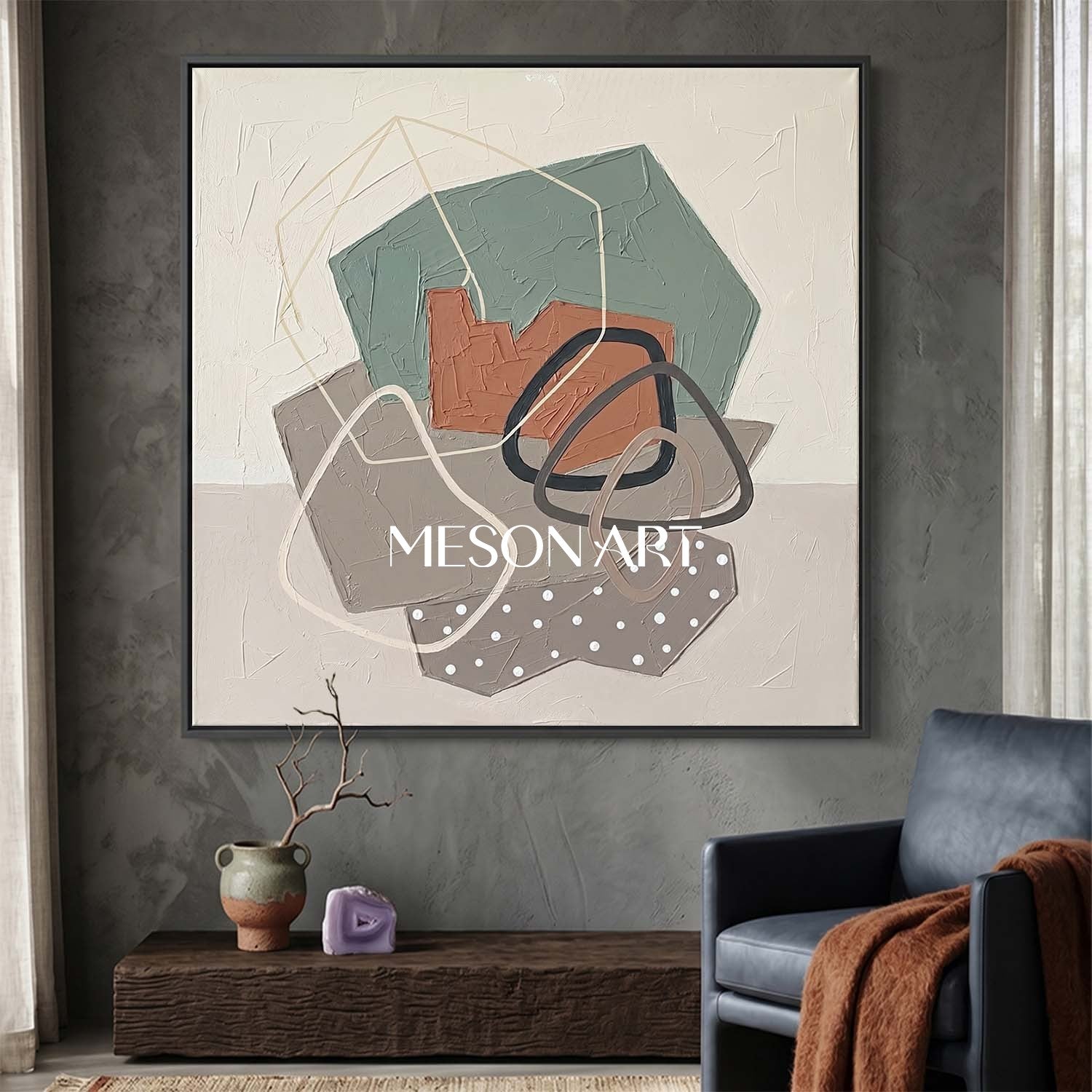 Sage Green And Terracotta Minimalist Textured Painting For Bedroom