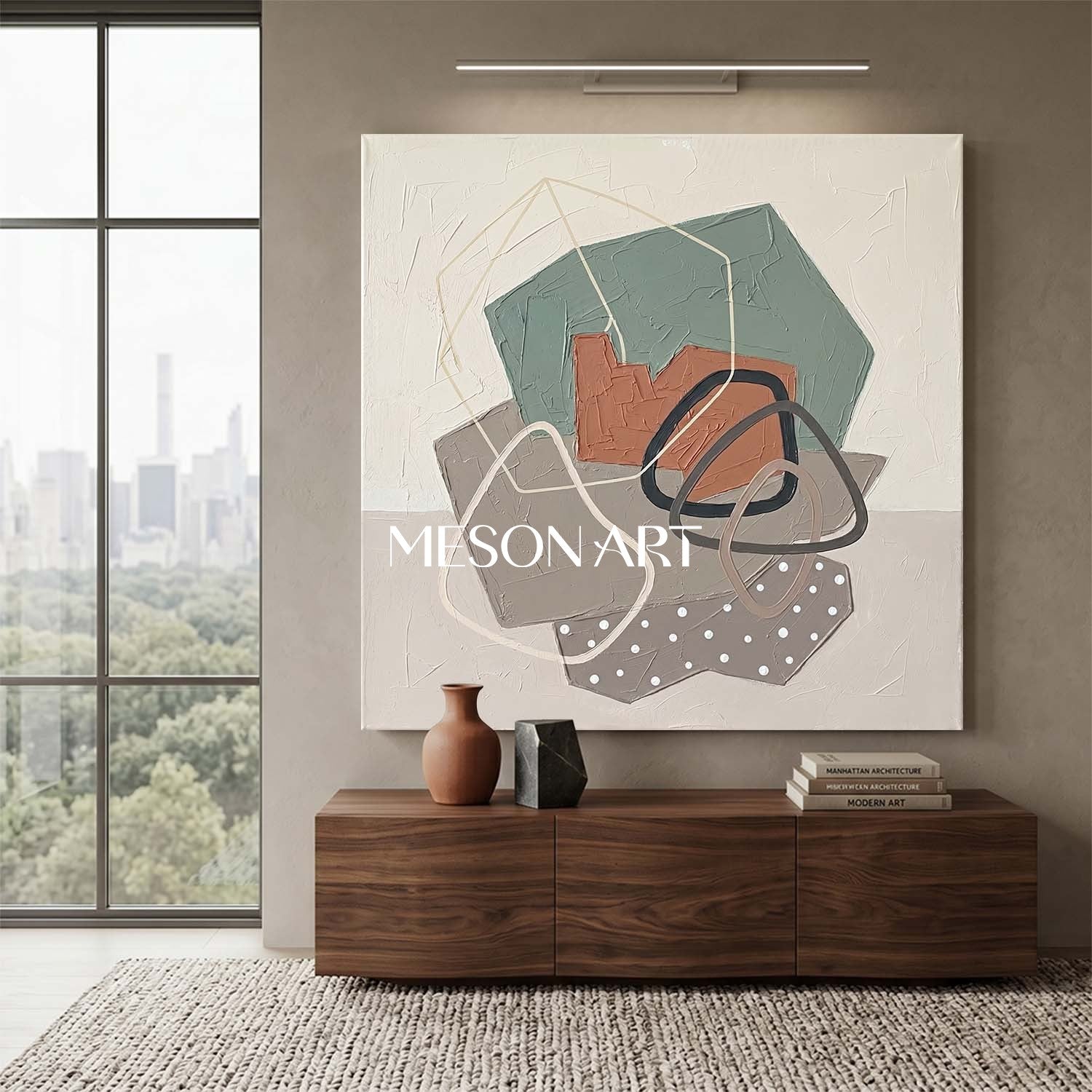 Sage Green And Terracotta Minimalist Textured Painting For Bedroom