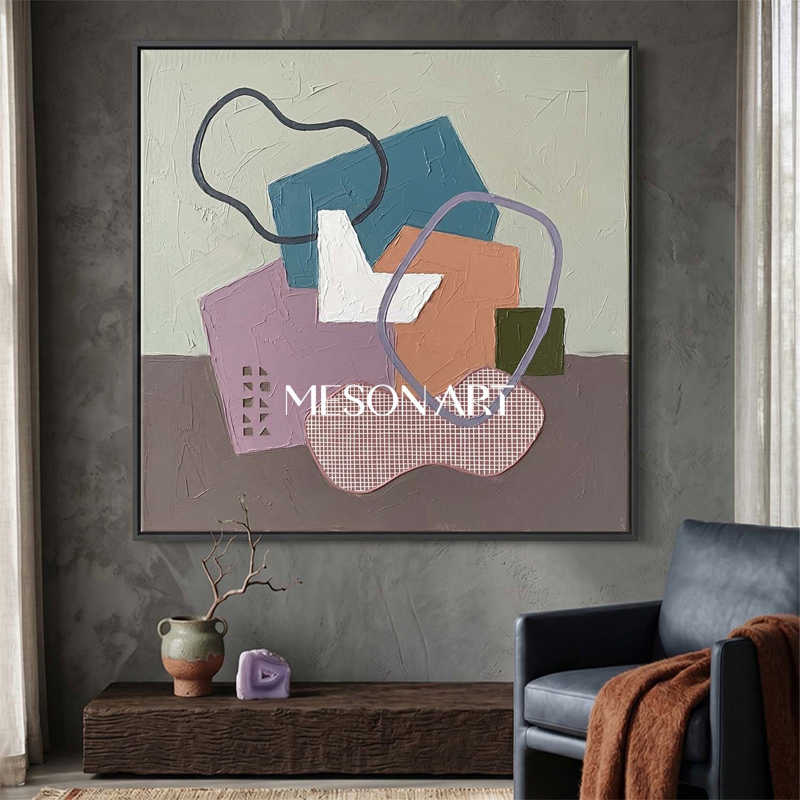Textured Pastel Geometric Abstract Canvas Art for Modern Living Room