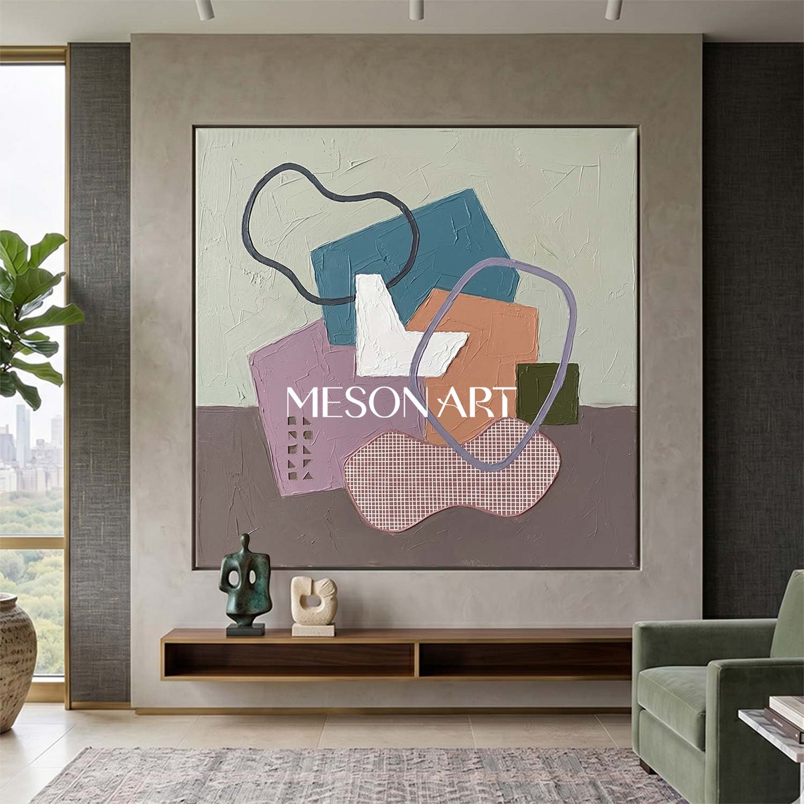 Textured Pastel Geometric Abstract Canvas Art for Modern Living Room