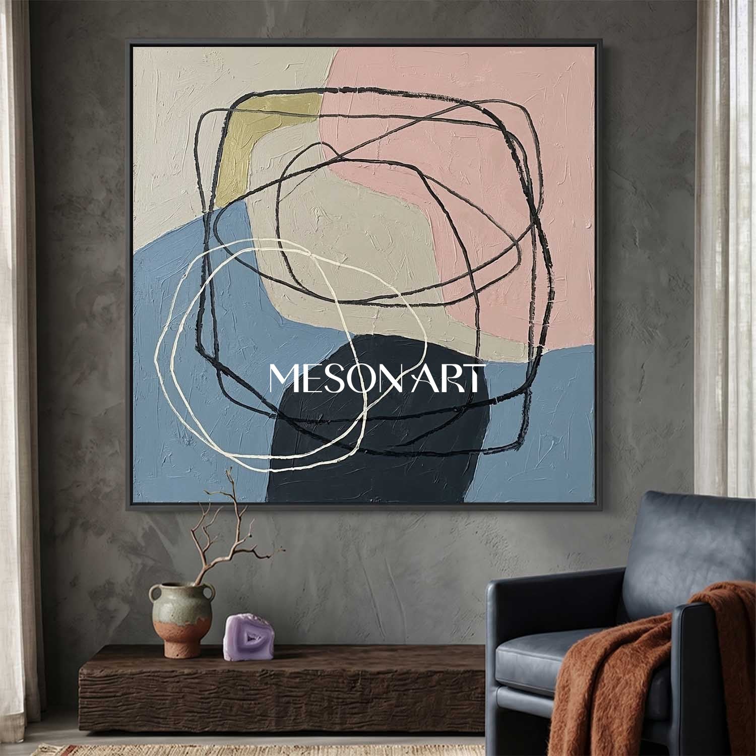 Pastel Pink And Blue Minimalist Textured Painting For Bedroom Space