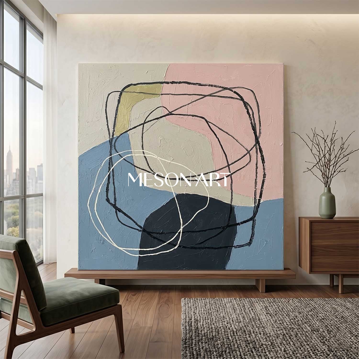 Pastel Pink And Blue Minimalist Textured Painting For Bedroom Space