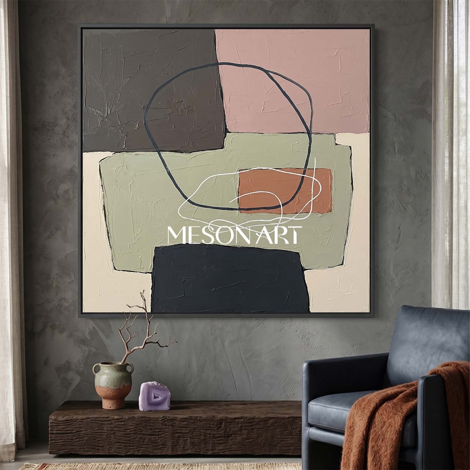 Sage Green And Pink Minimalist Textured Painting For Bedroom Space