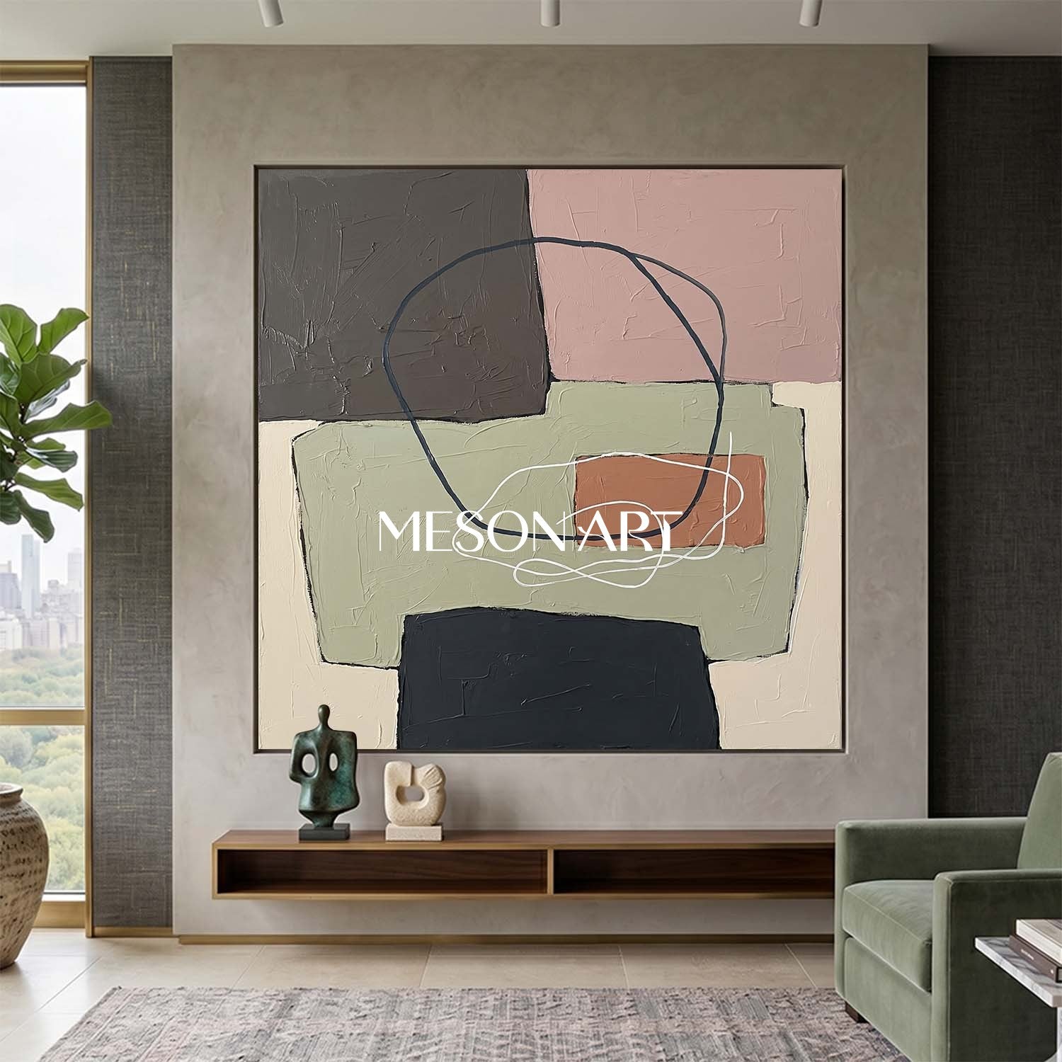 Sage Green And Pink Minimalist Textured Painting For Bedroom Space