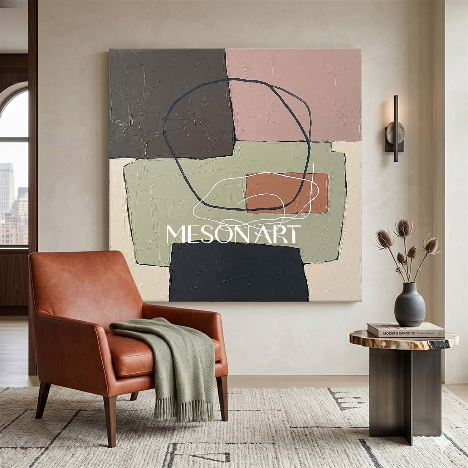 Sage Green And Pink Minimalist Textured Painting For Bedroom Space