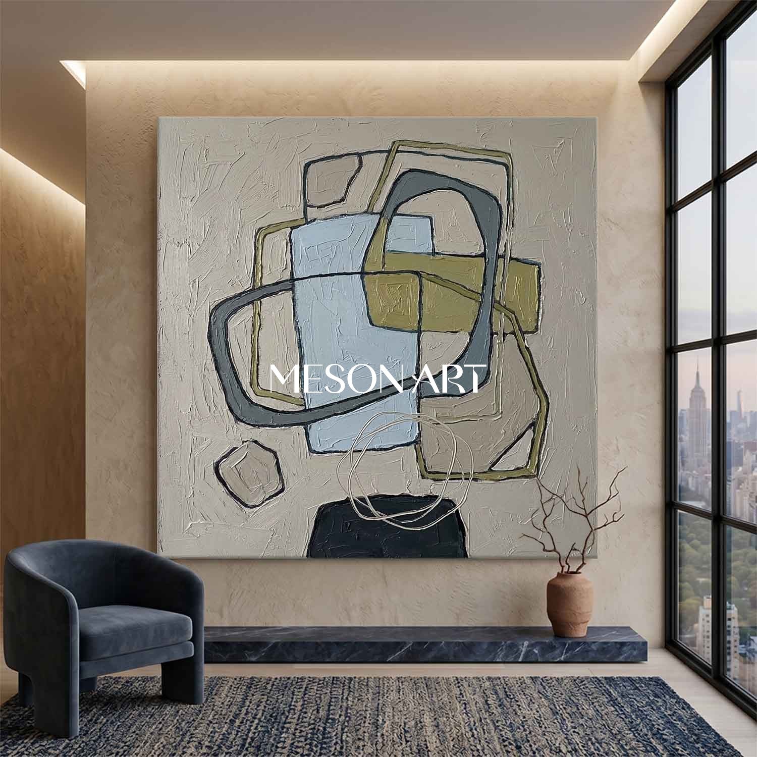 Light Blue And Olive Green Minimalist Textured Wall Art For Bedroom