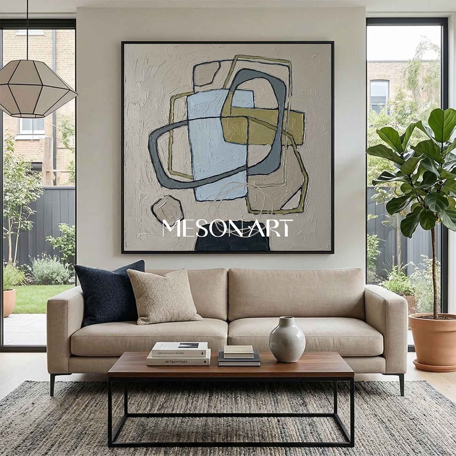 Light Blue And Olive Green Minimalist Textured Wall Art For Bedroom