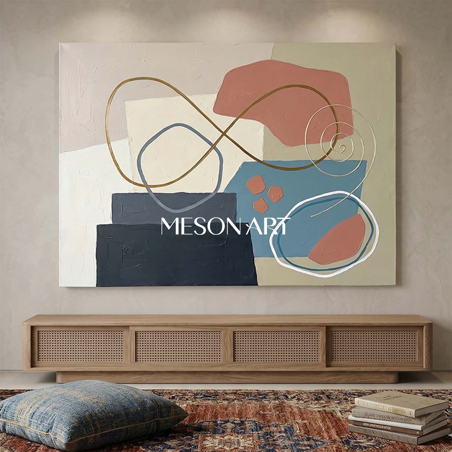 Terracotta And Teal Minimalist Textured Painting For Living Room Space