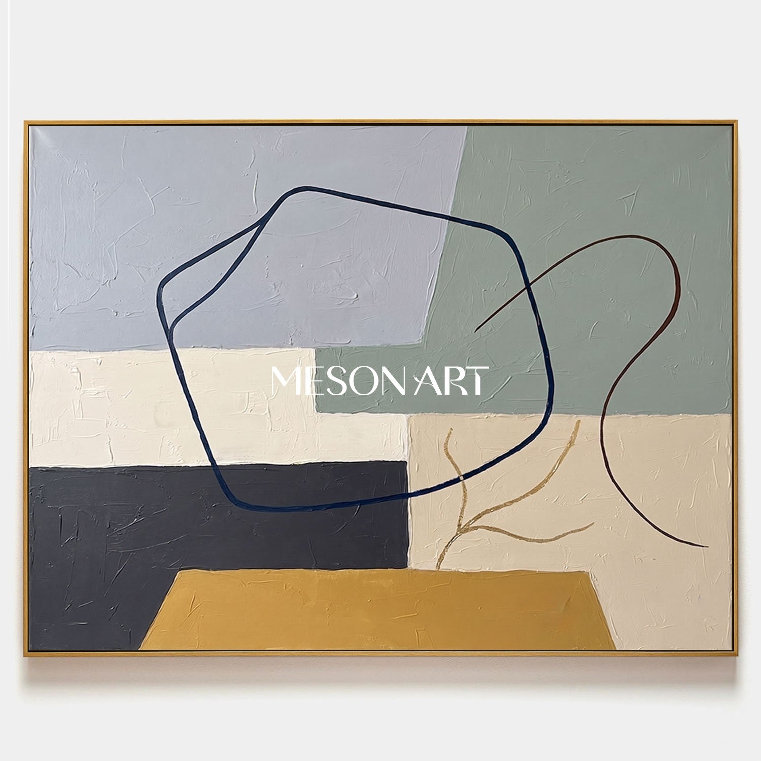 Slate Blue And Mustard Minimalist Textured Painting For Living Room Space