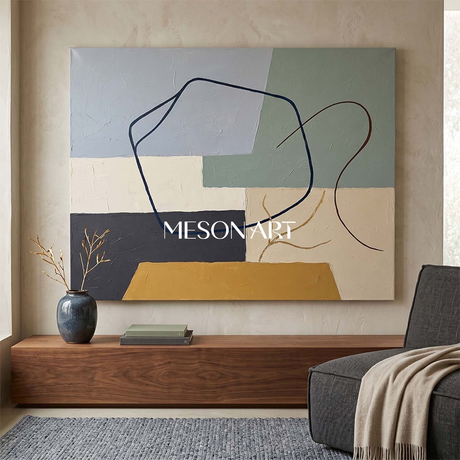 Slate Blue And Mustard Minimalist Textured Painting For Living Room Space