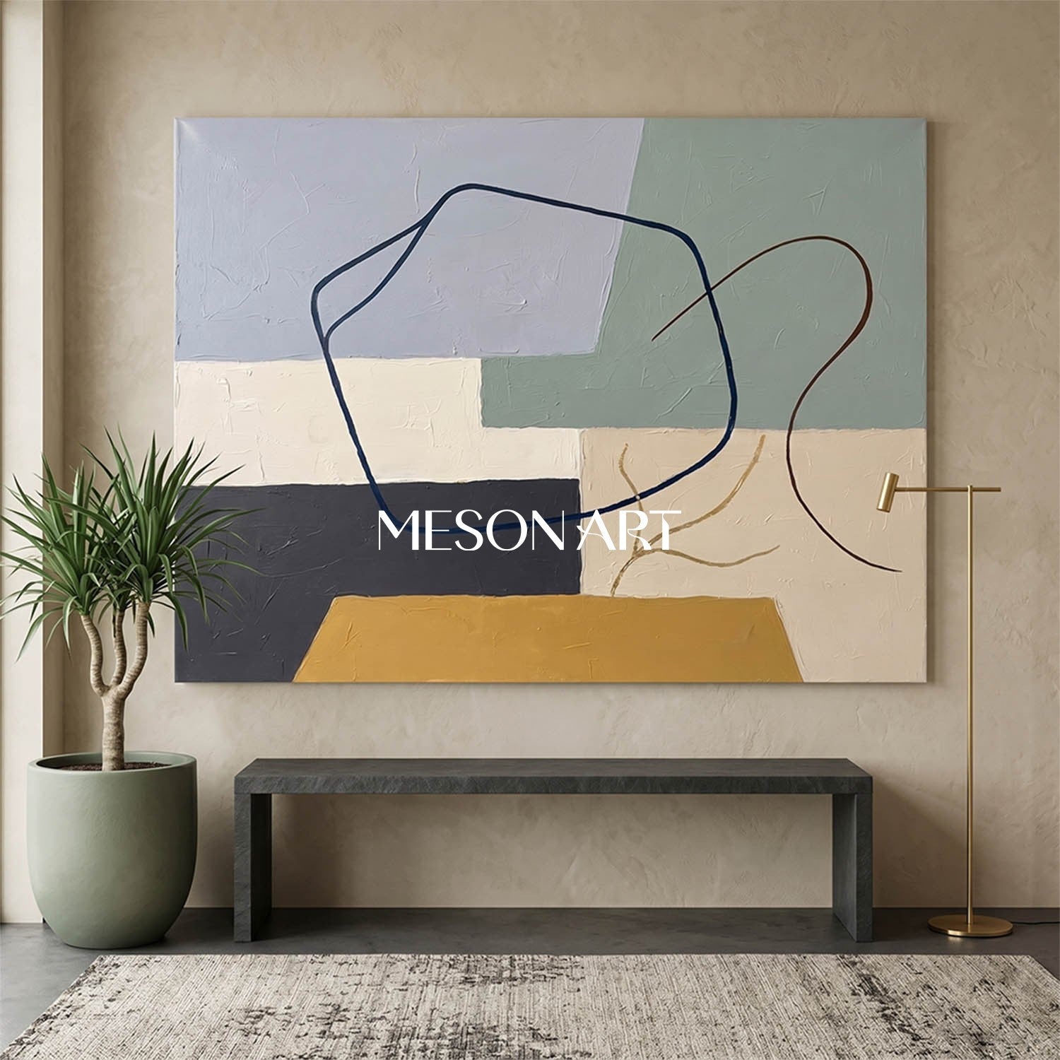 Slate Blue And Mustard Minimalist Textured Painting For Living Room Space
