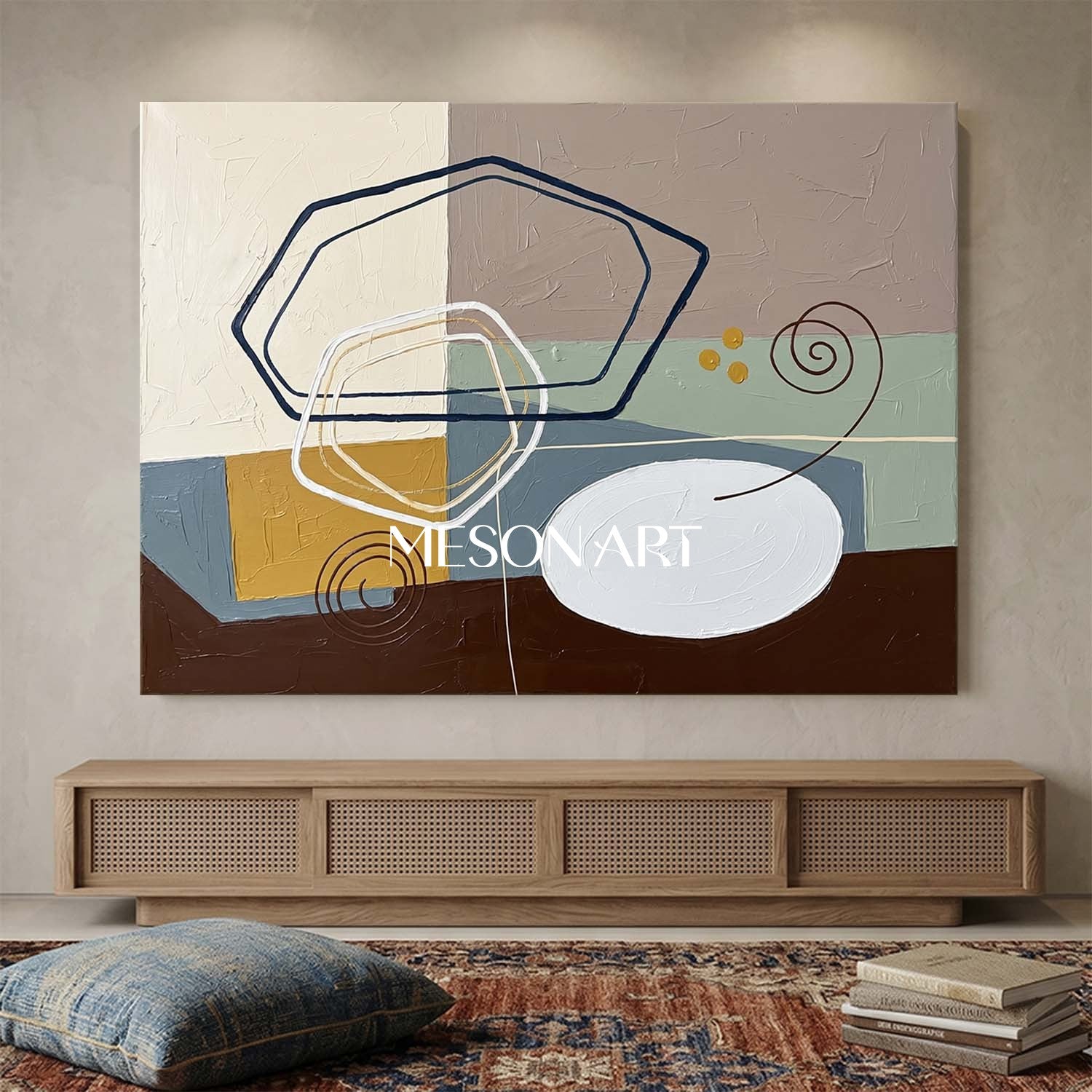 Taupe And Mustard Minimalist Textured Painting For Living Room Space