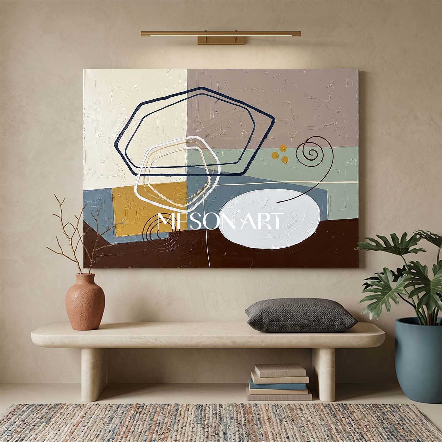 Taupe And Mustard Minimalist Textured Painting For Living Room Space