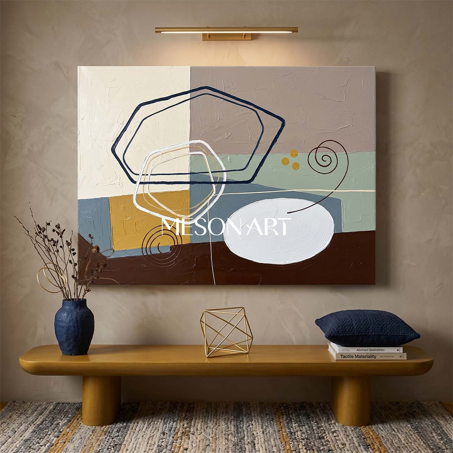 Taupe And Mustard Minimalist Textured Painting For Living Room Space