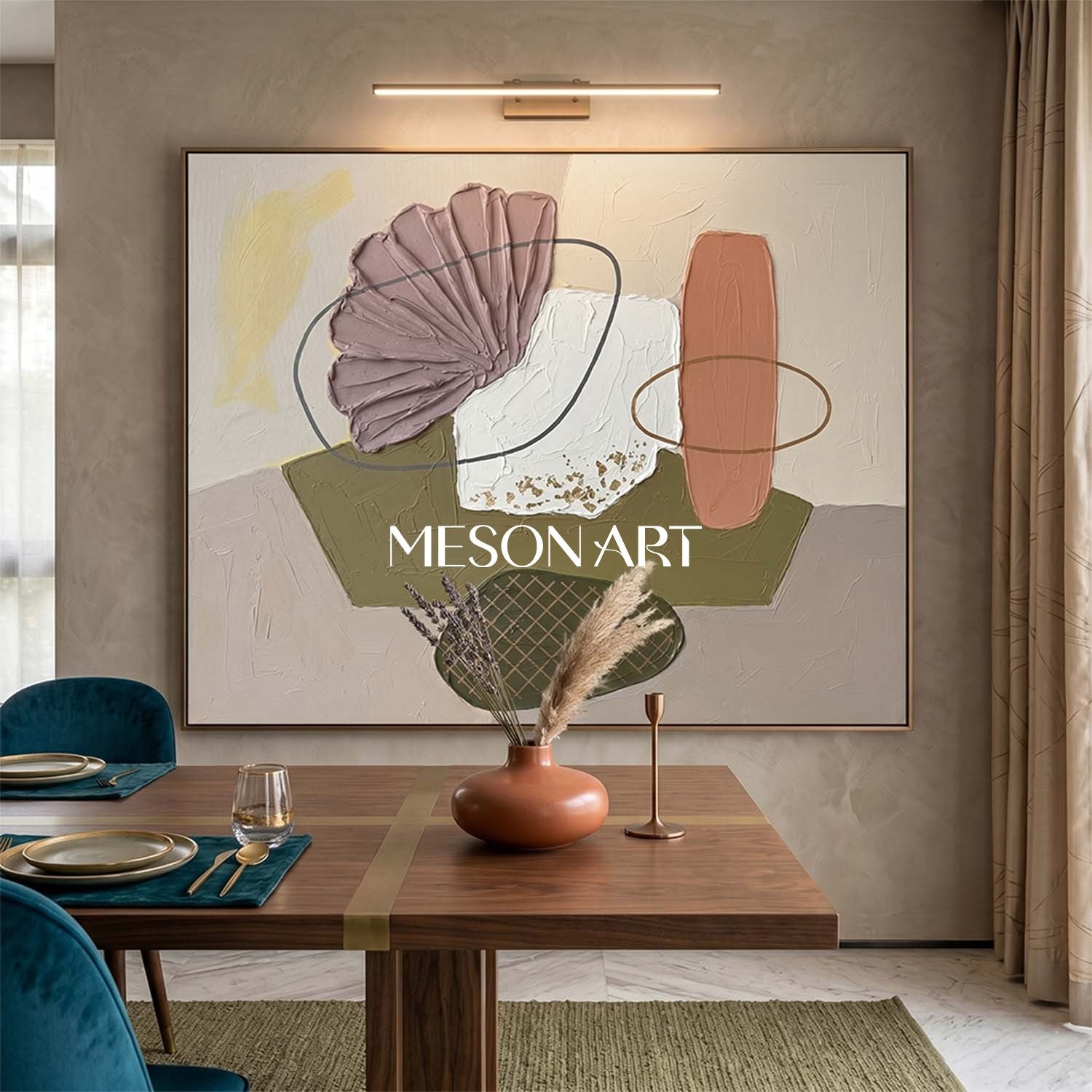 Mauve and Olive Green Geometric Abstract Wall Art Contemporary Textured 3D Painting