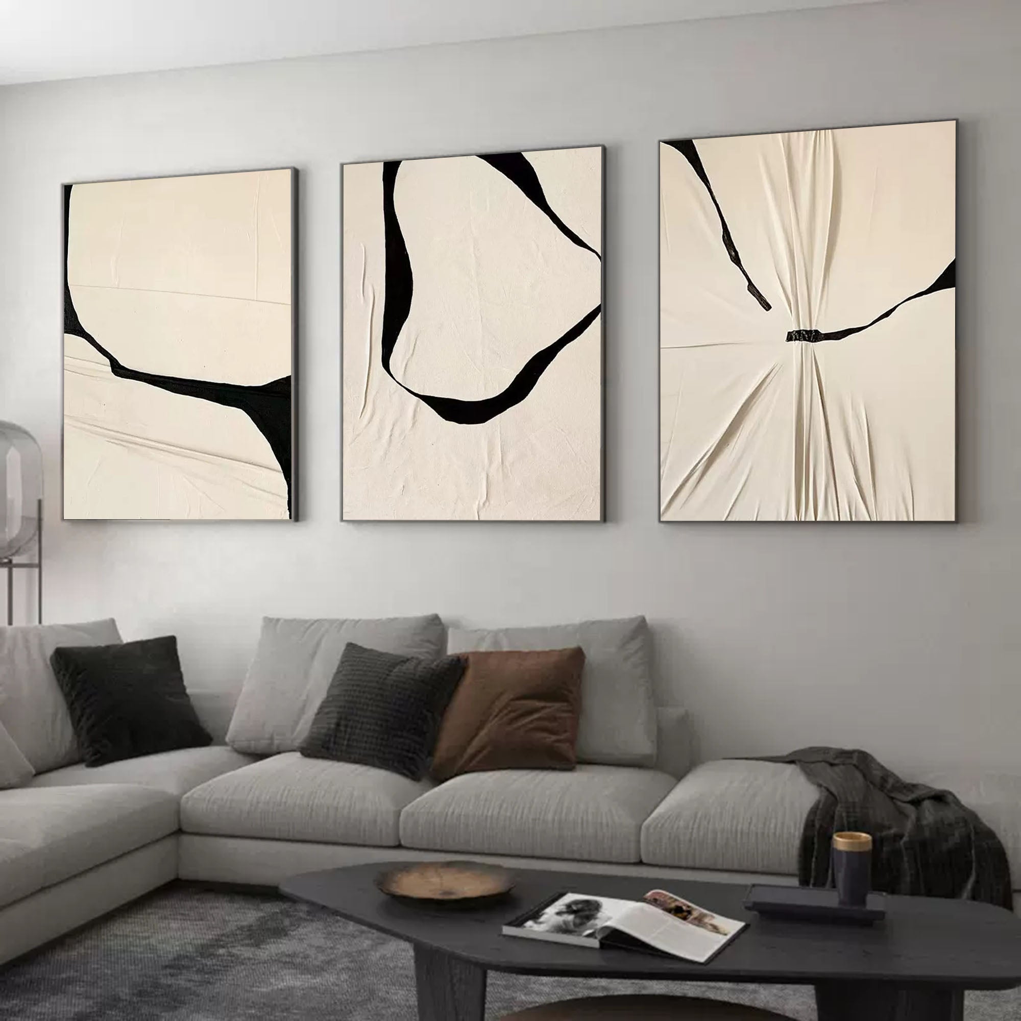 Beige Minimalist Canvas Painting Set of 3 Abstract Textured Wall Art