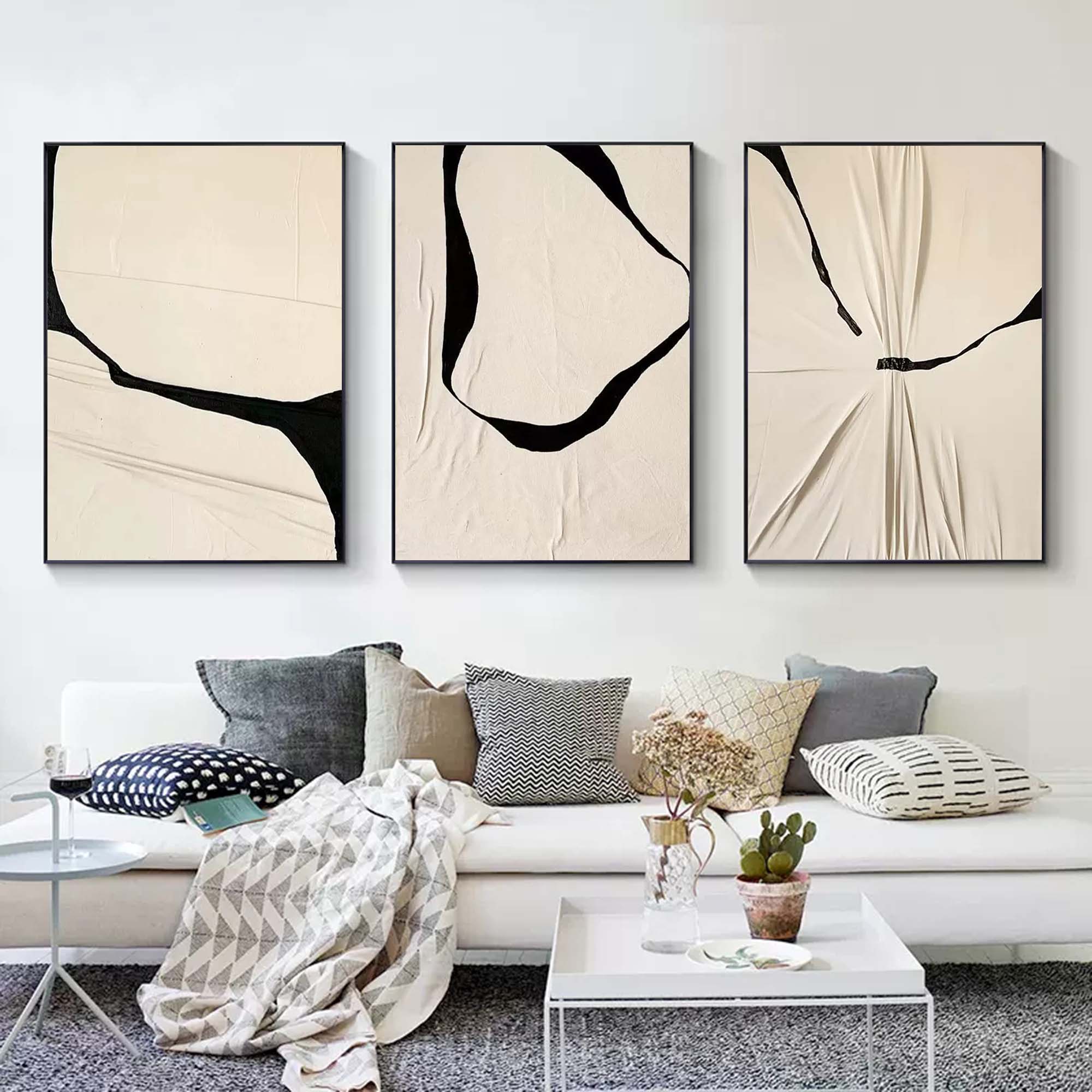 Beige Minimalist Canvas Painting Set of 3 Abstract Textured Wall Art