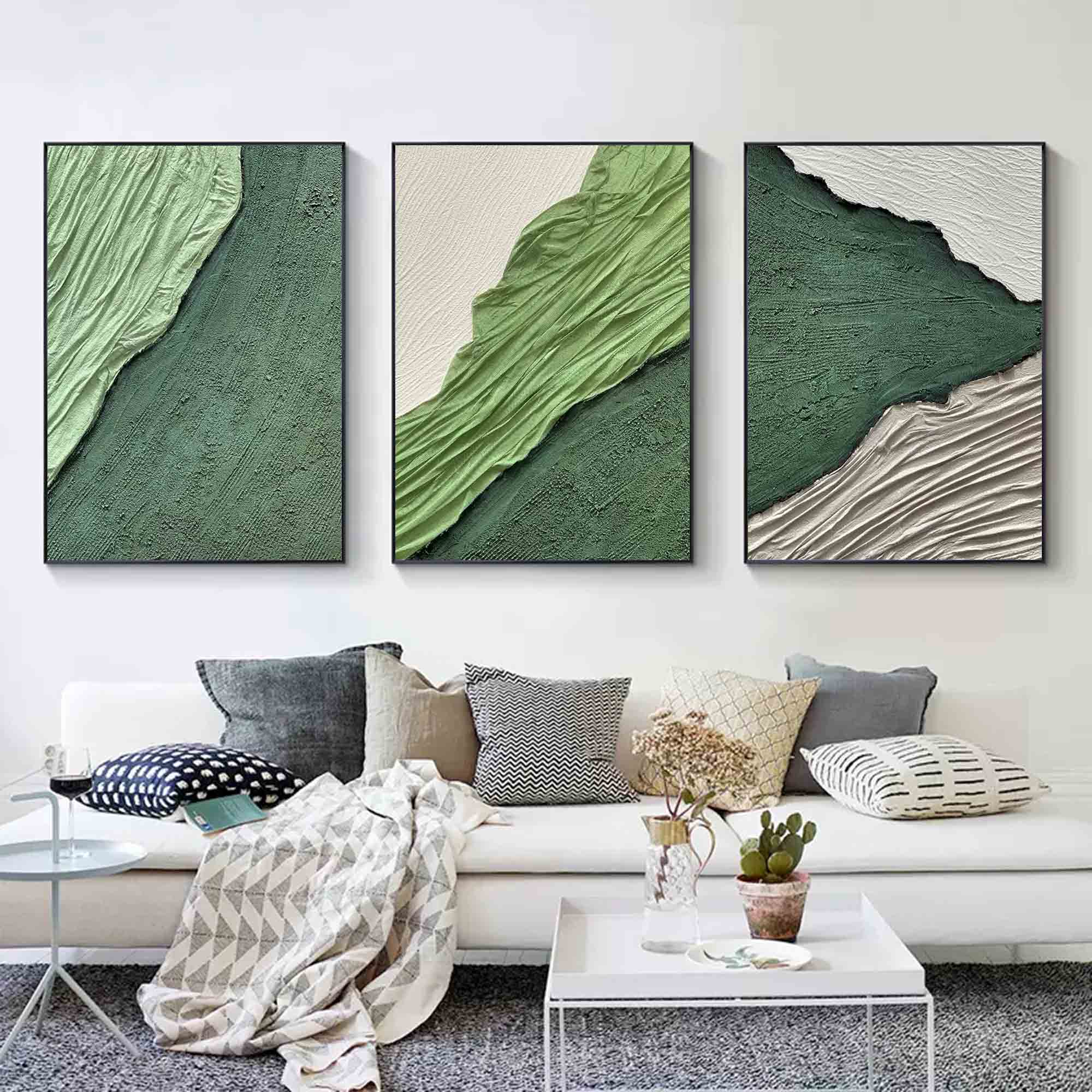 Green Abstract Canvas Art Set of 3 Green Textured Abstract Painting Green Abstract Art on Canvas