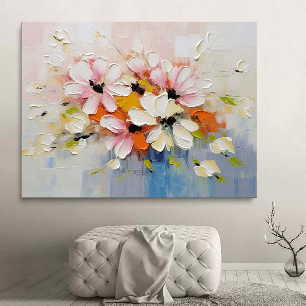 Large Beige and Blue Flowers Textured Painting Flowers Palette Wall Art Flowers Canvas Art