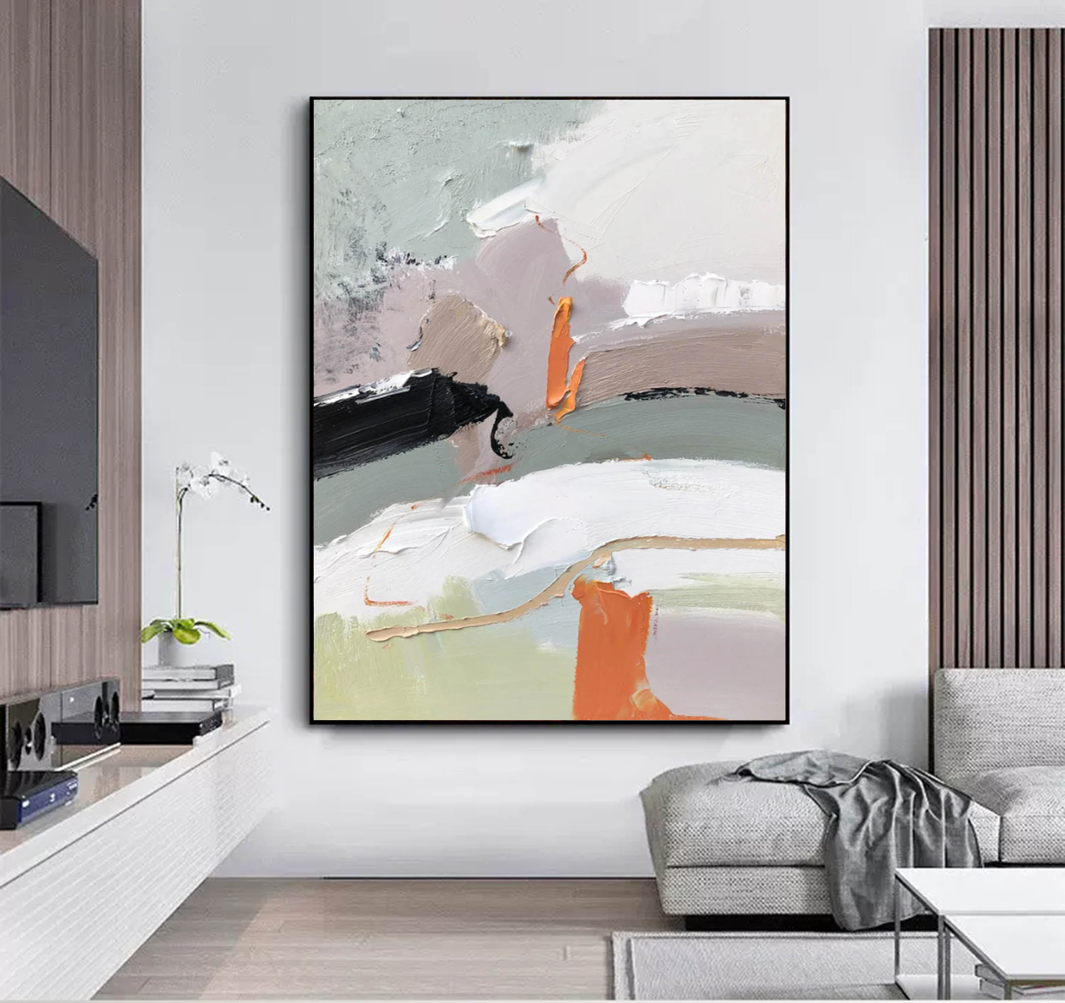 Elegant Gray Abstract Art with Subtle Orange and White Details