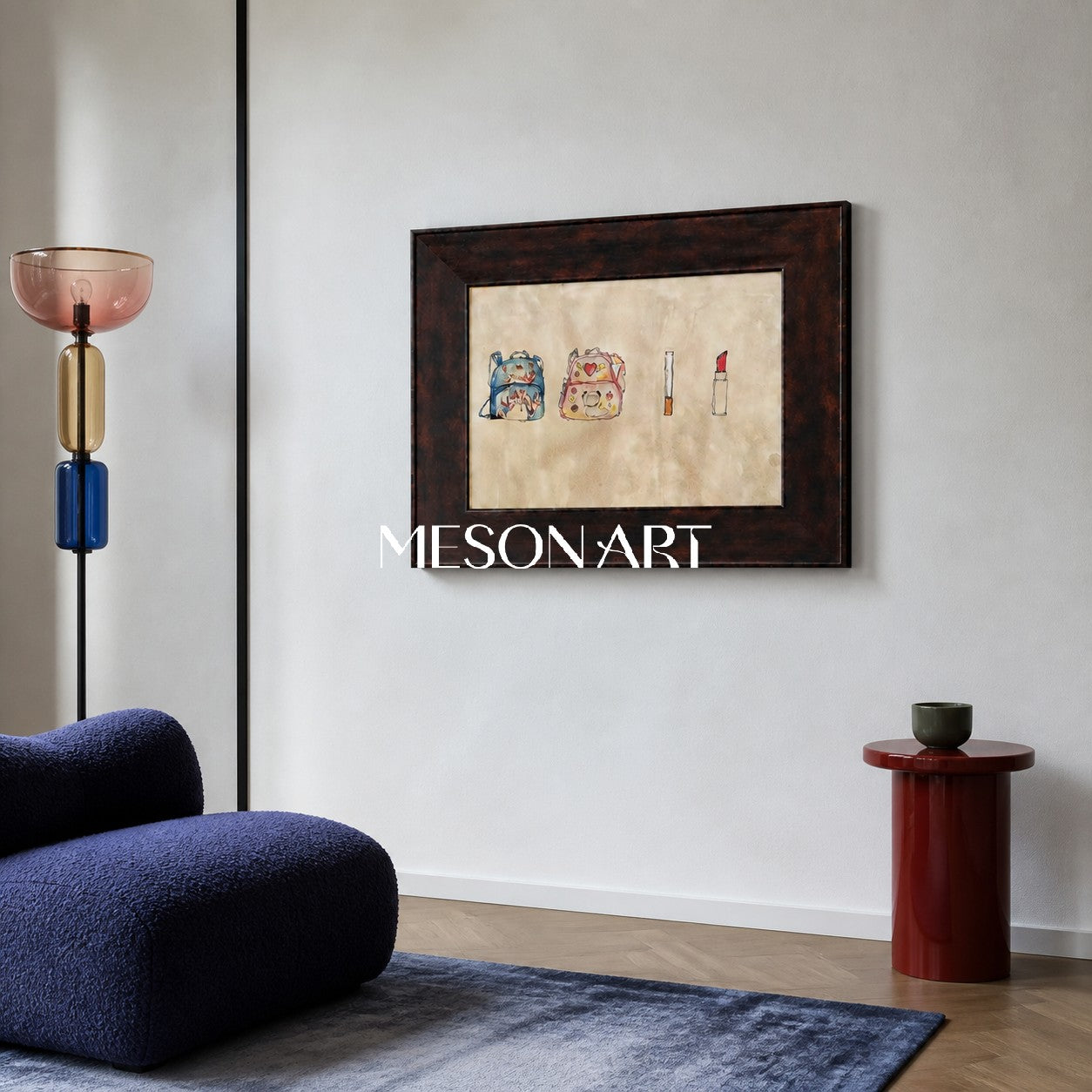 Abstract Still Life Painting With Backpacks And Lipstick In Beige Blue Tones For Modern Living Room Decor