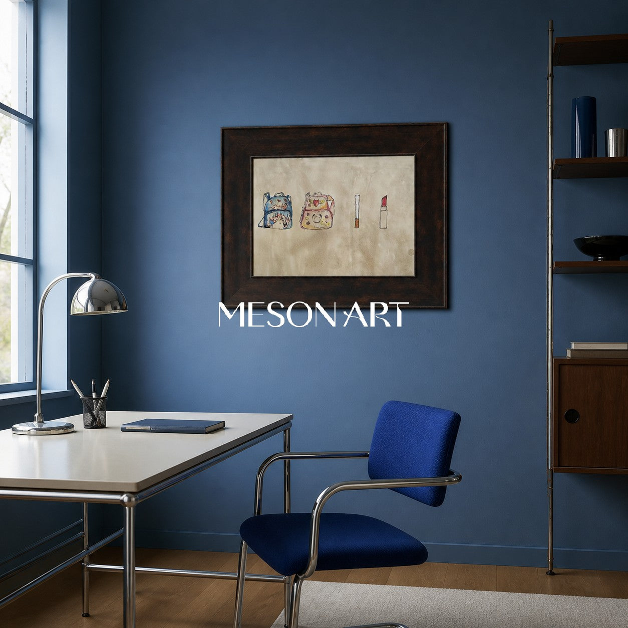 Abstract Still Life Painting With Backpacks And Lipstick In Beige Blue Tones For Modern Living Room Decor
