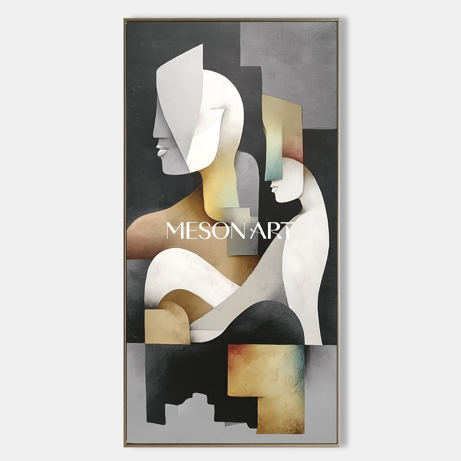 Black Vertical Modern Cubist Geometric Oil Painting Wall Art Entryway