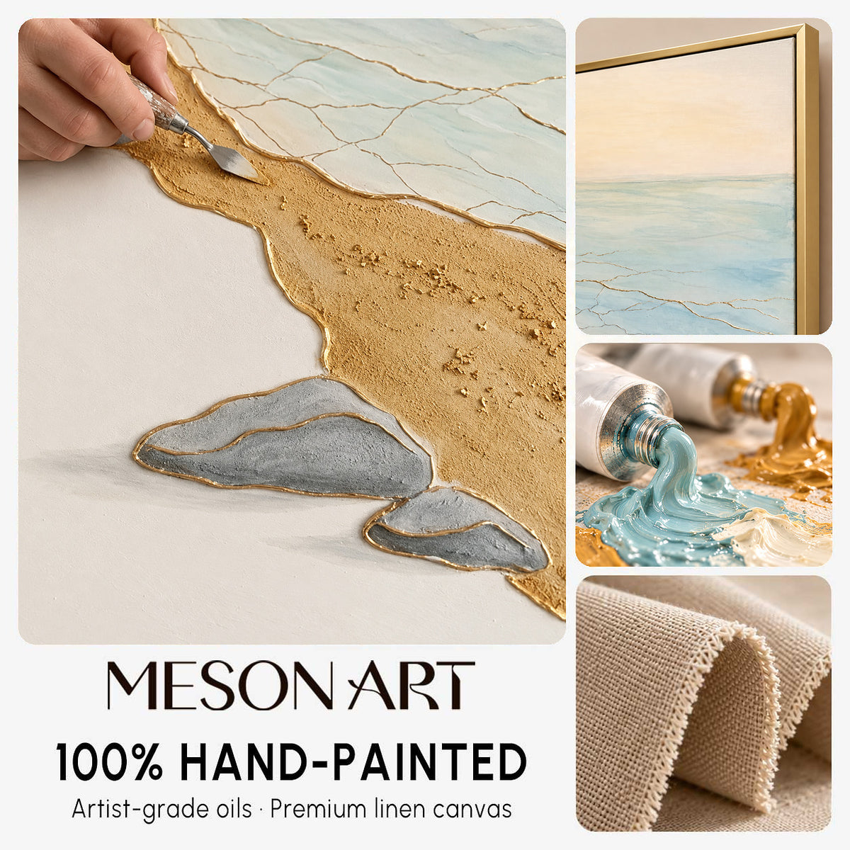 Large Gold Beige Ocean Wave Textured Painting For Modern Living Room Decor