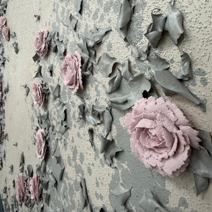 3D Pink Plaster Flowers Painting Pink 3D Floral Plaster Art on Canvas
