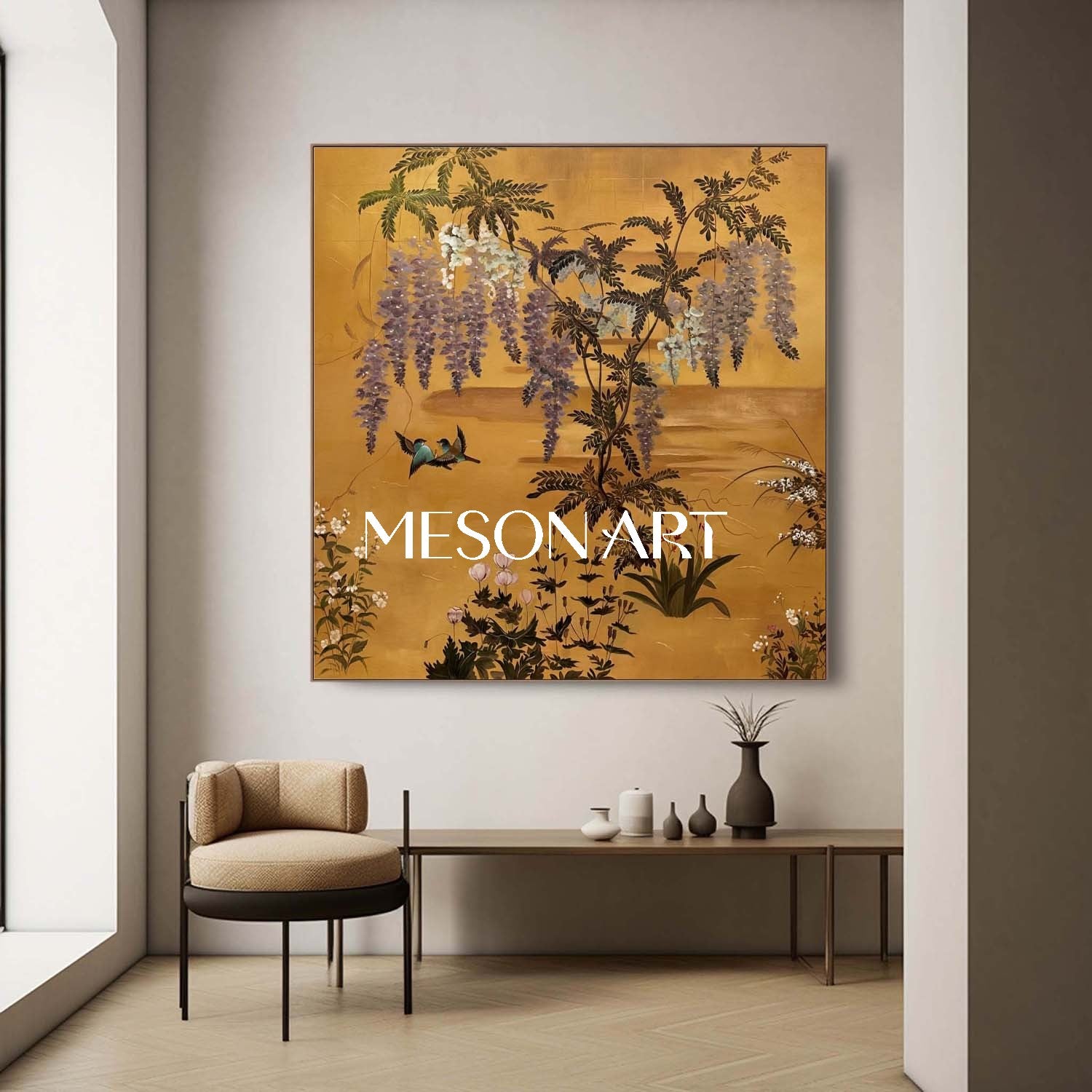 Vintage Gold Chinoiserie Floral Oil Painting Wall Art | MesonArt