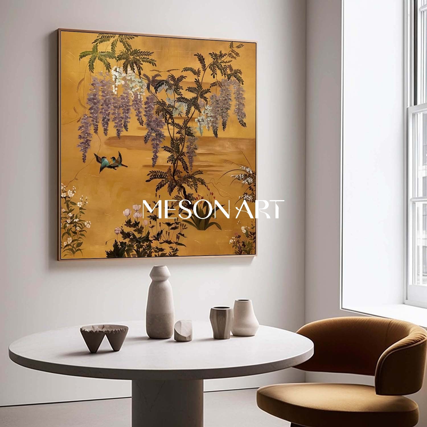 Vintage Gold Chinoiserie Floral Oil Painting Wall Art | MesonArt