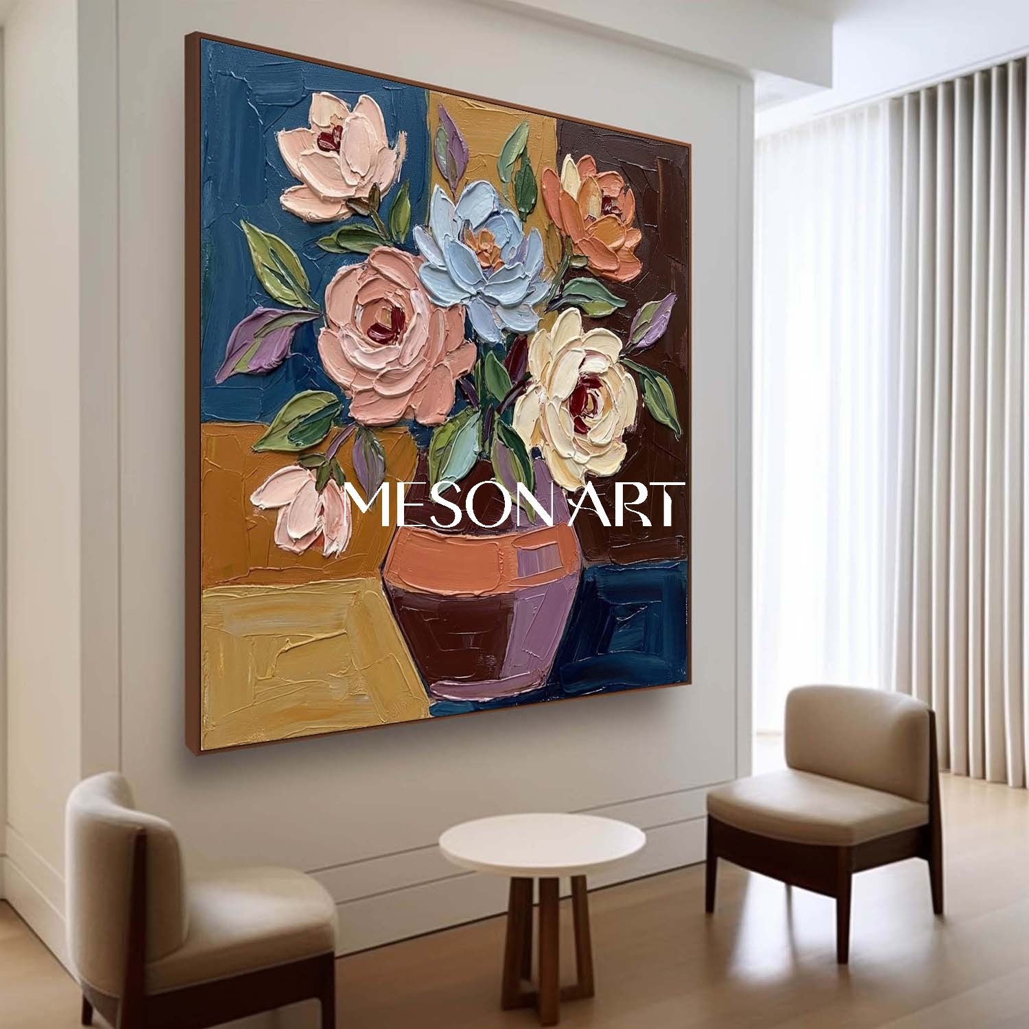 Abstract floral wall art decoration with colorful knife scraping colorful floral palette painting