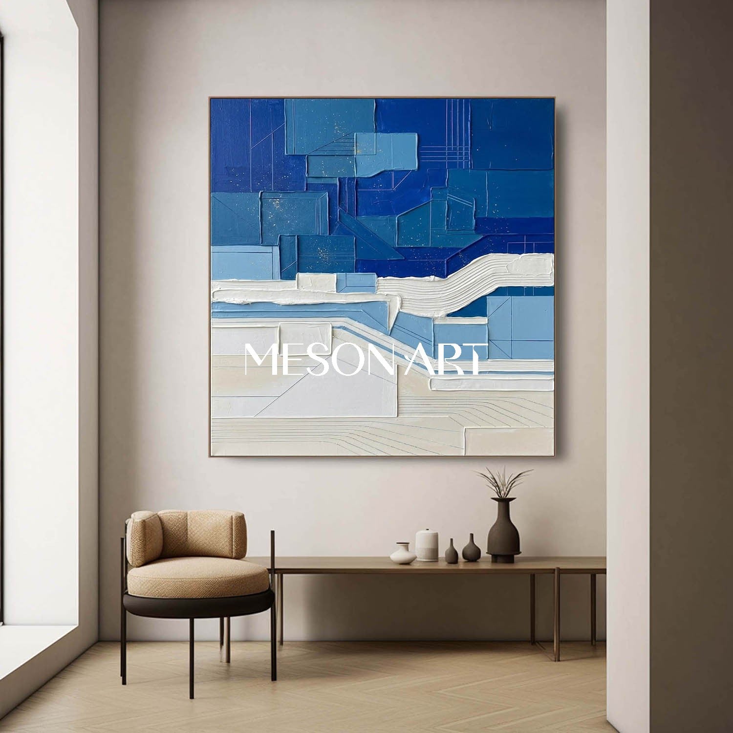 Contemporary Blue Color Block Minimalist Coastal Wall Decor Large Square Canvas Painting
