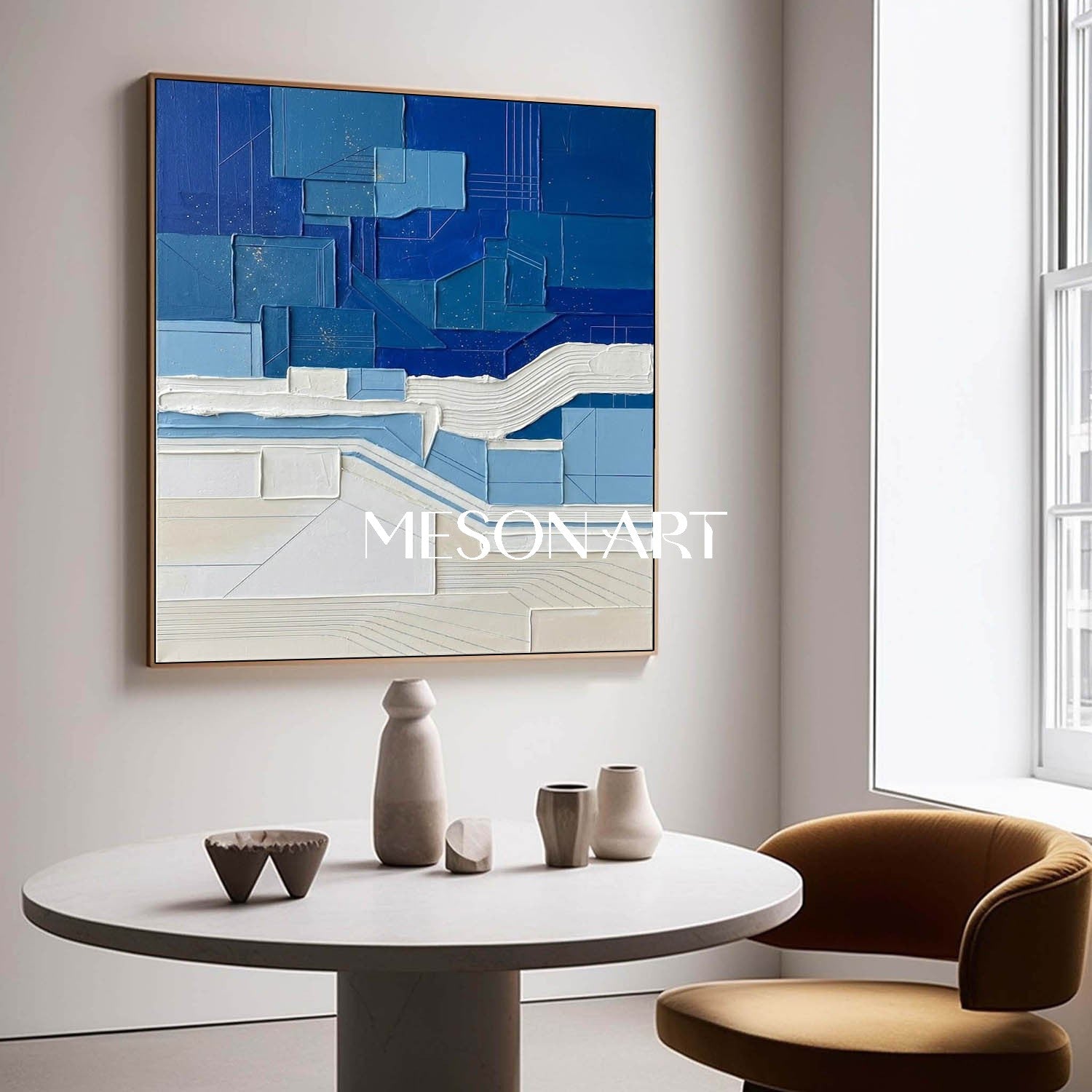 Contemporary Blue Color Block Minimalist Coastal Wall Decor Large Square Canvas Painting