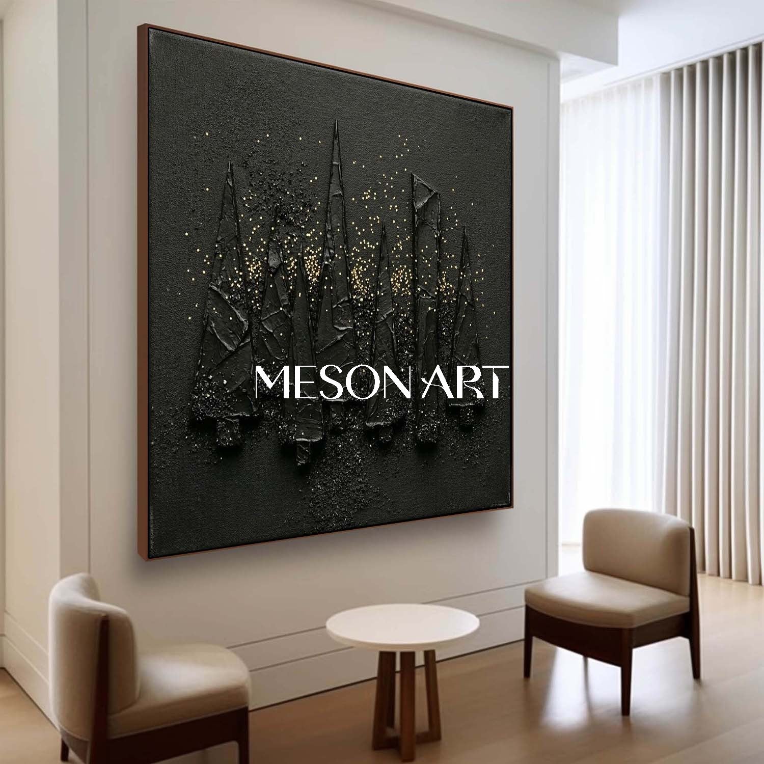 Black Textured Art Modern Minimalist Decor Abstract Christmas Trees Geometric Pine Trees