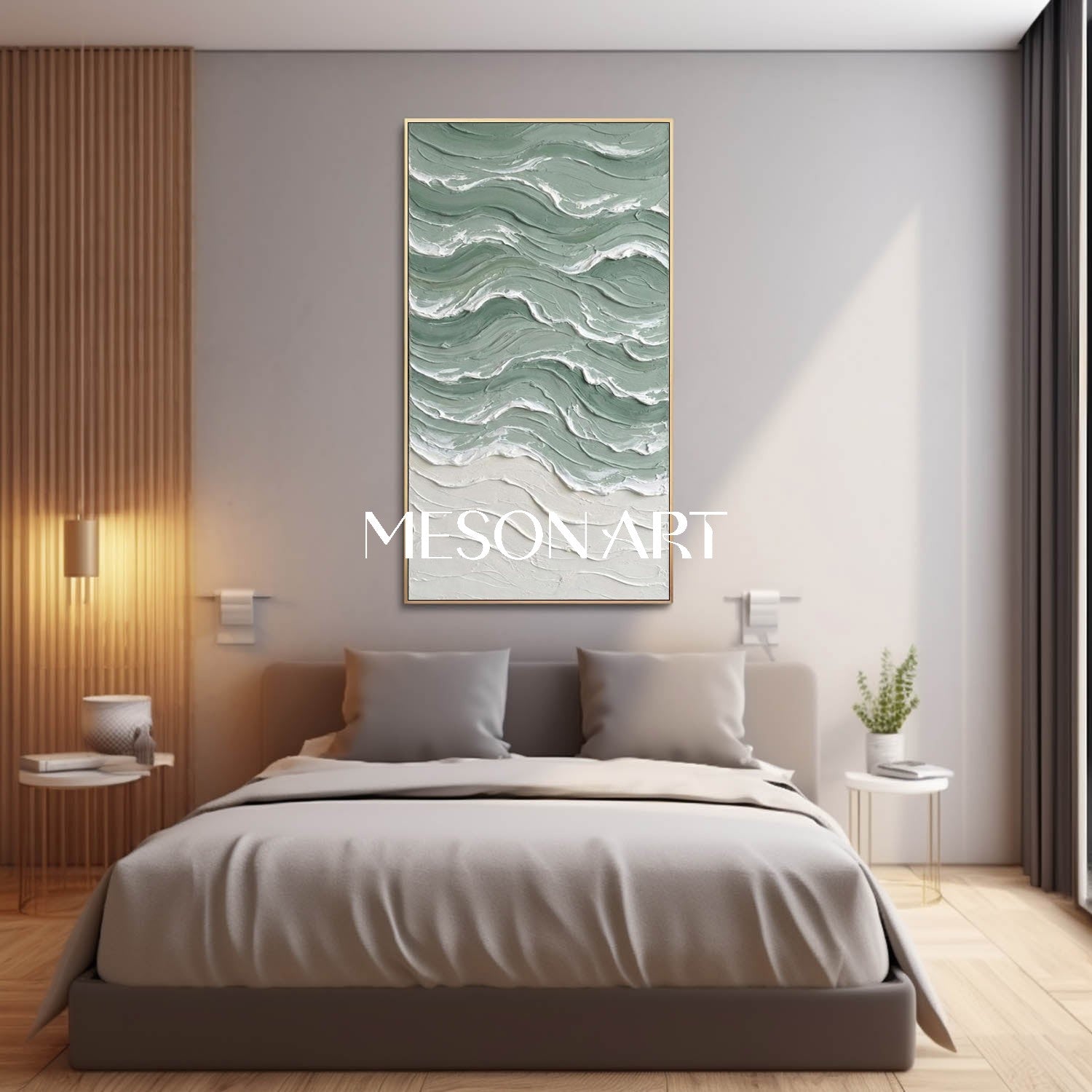 Large Green Wave And Beach Abstract Canvas Wall painting Minimalist Sea Wall Art Decor