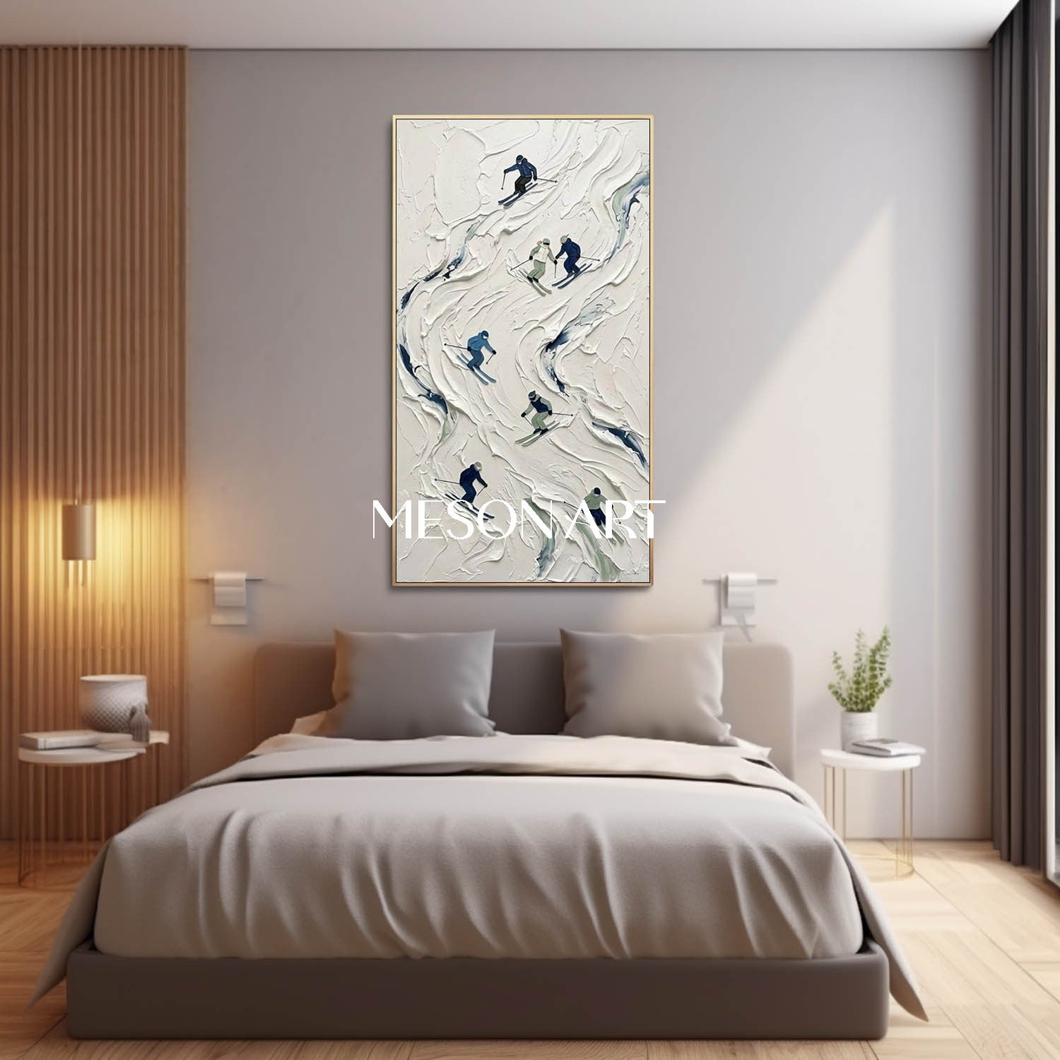 Vertical Plaster Relief Winter Sports Landscape Painting for Entryway Wall